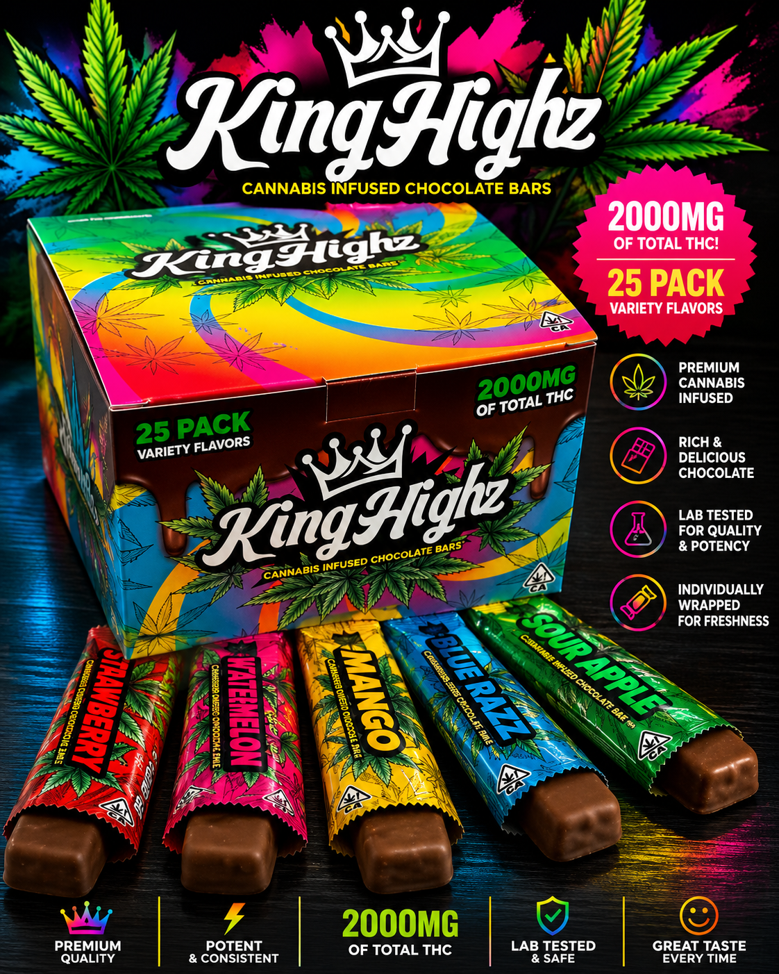 ChatGPT Image Aug 6, 2026 at 12_07_30 AM KingHighz Cannabis Infused Chocolate Bars – 25 Count Variety Pack | Premium Chocolate Collection | 2000MG Total THC - Image 1